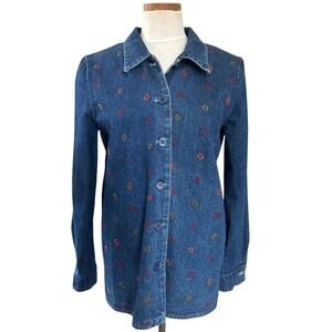 Vintage 90s Embroidered Swirl Denim Button Shirt M Colorful Cottage Whimsical